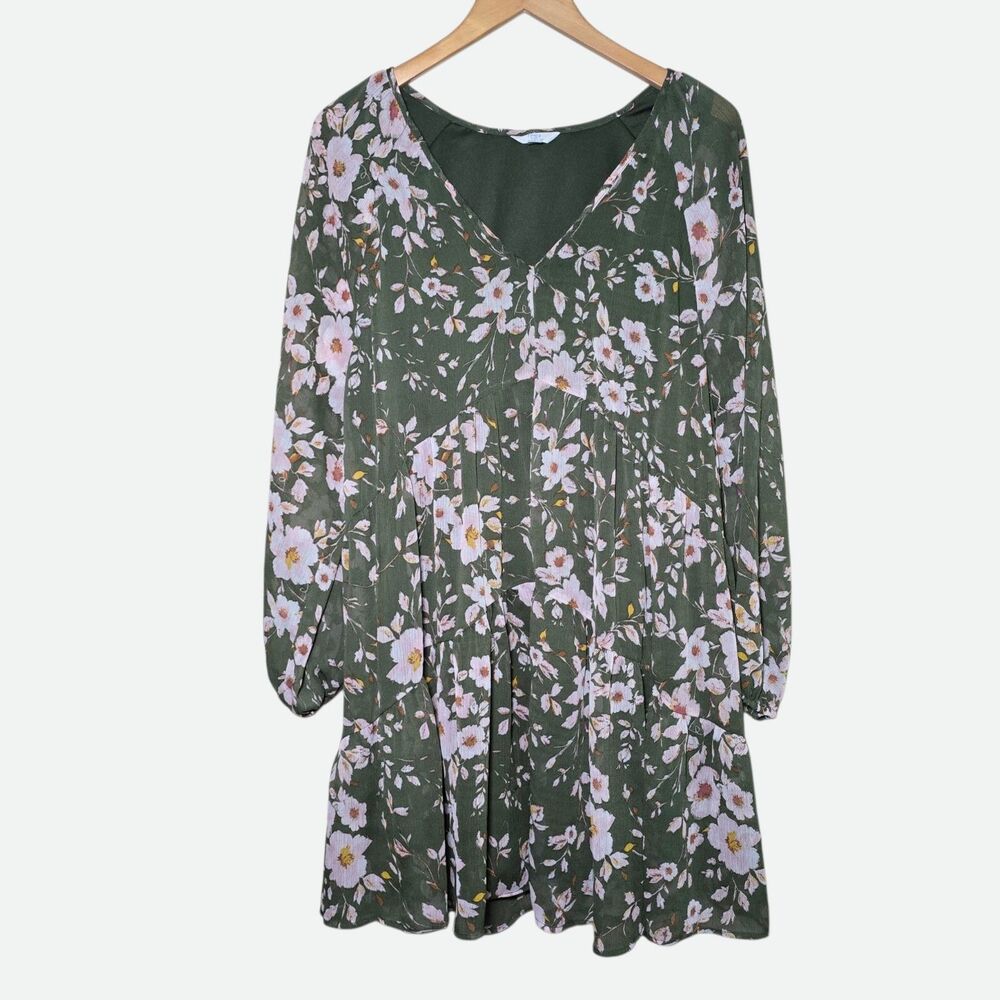 Time and Tru Women Large 12-14 Floral Babydoll Dress Olive Green V-Neck